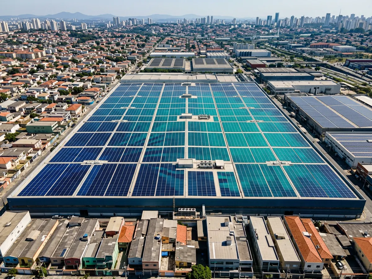 Usina solar fotovoltaica em telhado industrial em São Paulo