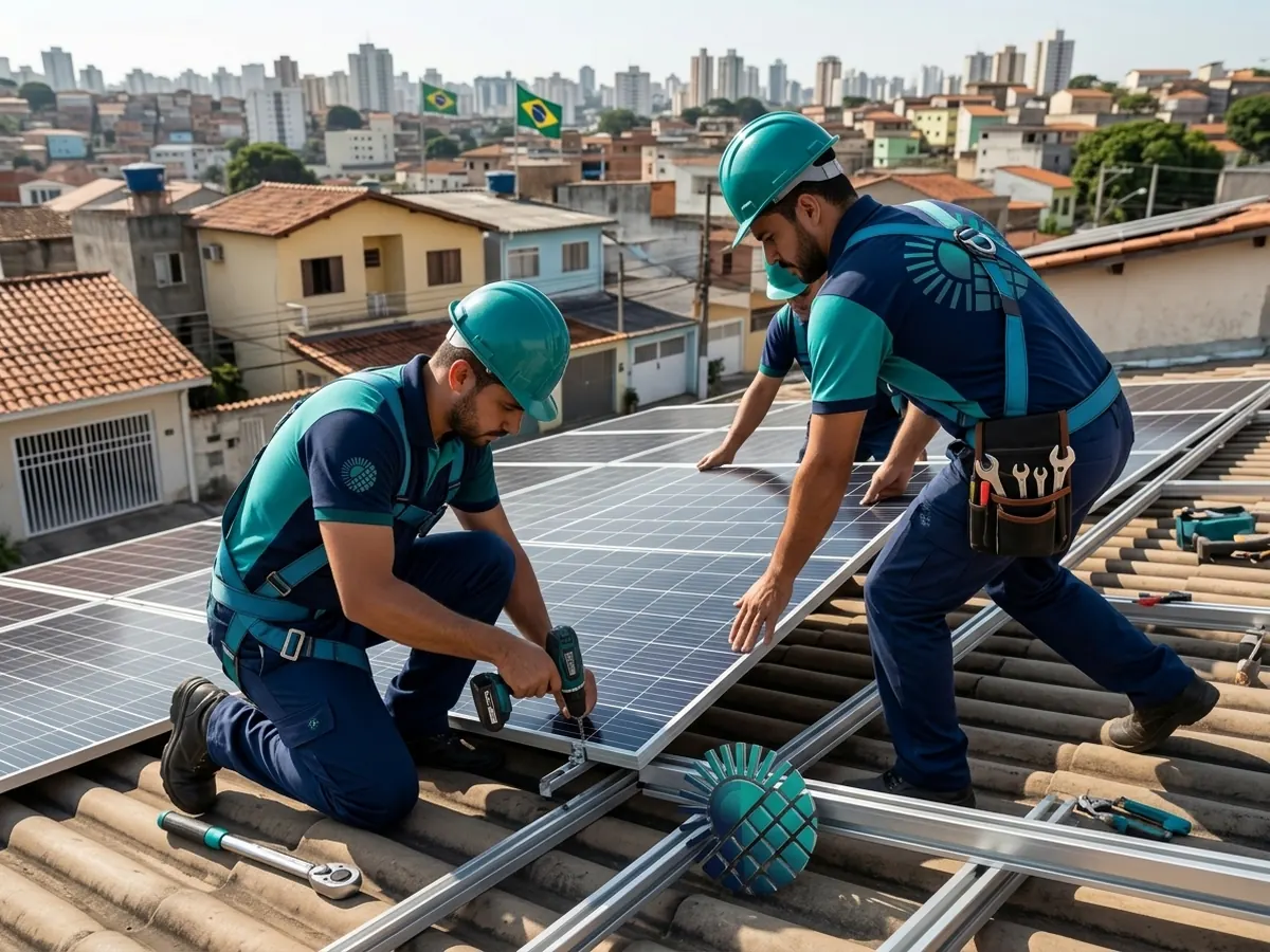 Técnico instalando painel fotovoltaico em telhado em Osasco
