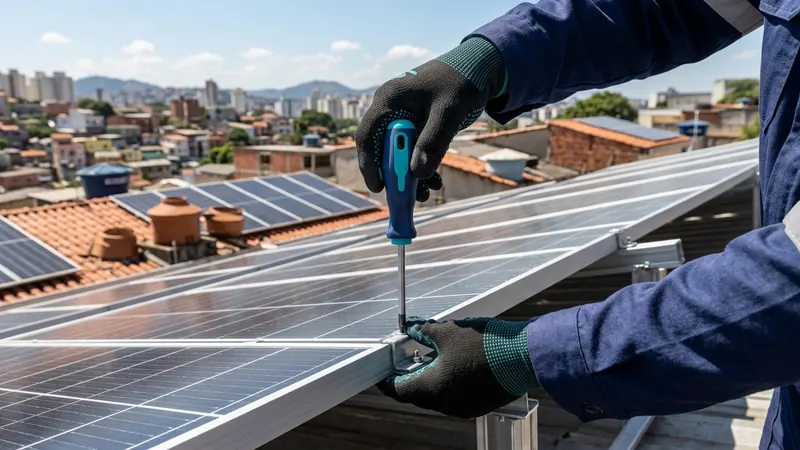 Técnico instalando painel fotovoltaico em Osasco