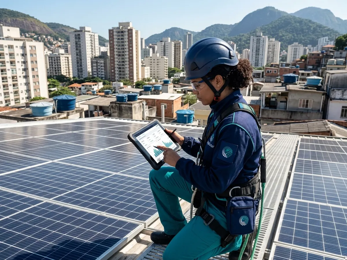 Técnico realizando manutenção em painel solar em São Paulo