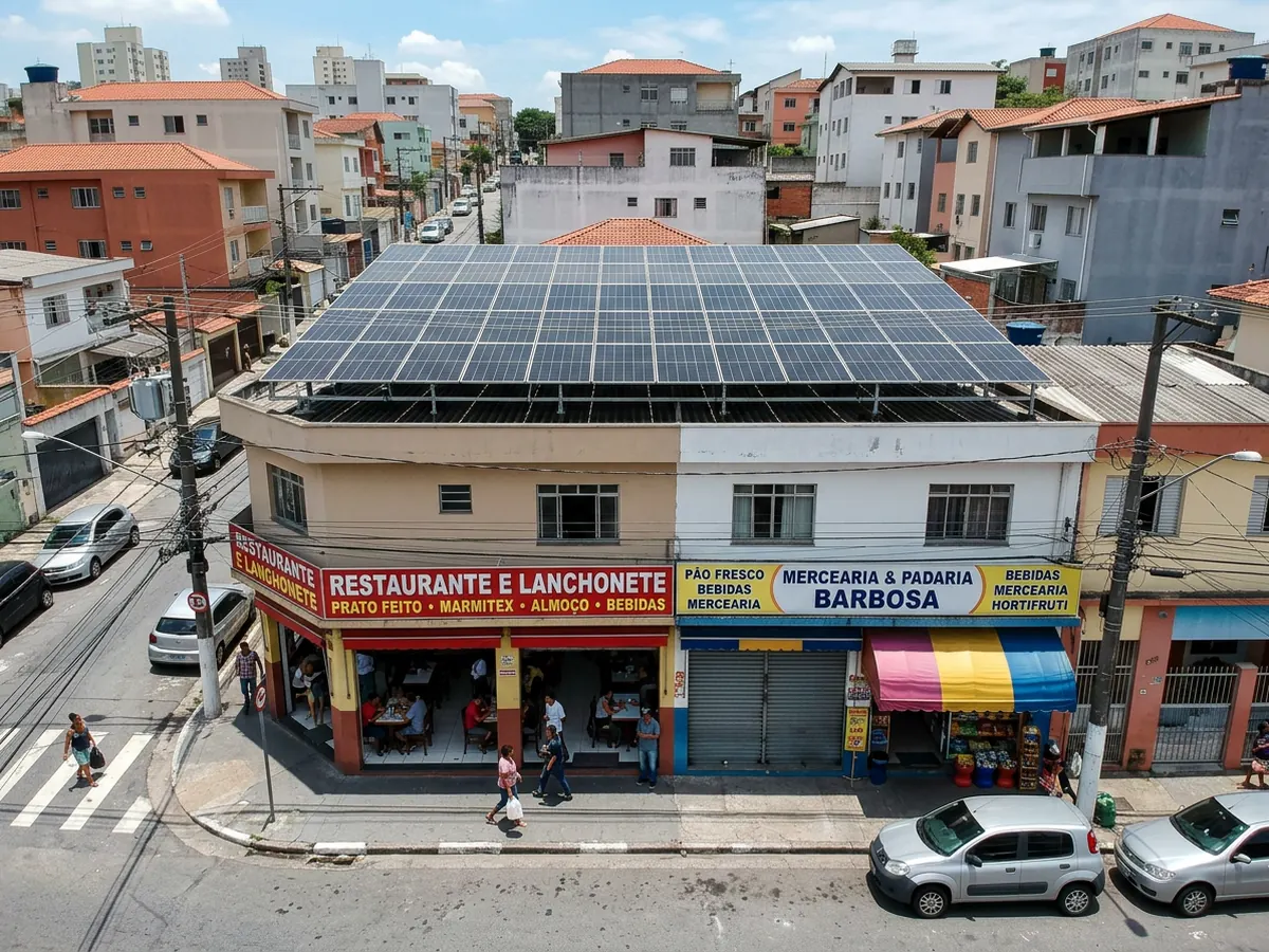 Painéis solares em telhado de loja comercial em São Paulo